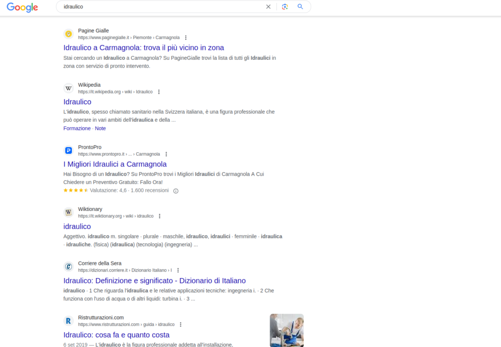 Risultati organici in SERP Google