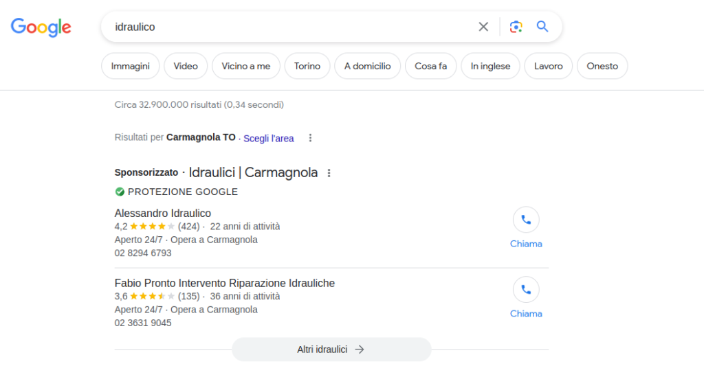 Esempio di Annunci Sponsorizzati in SERP Google