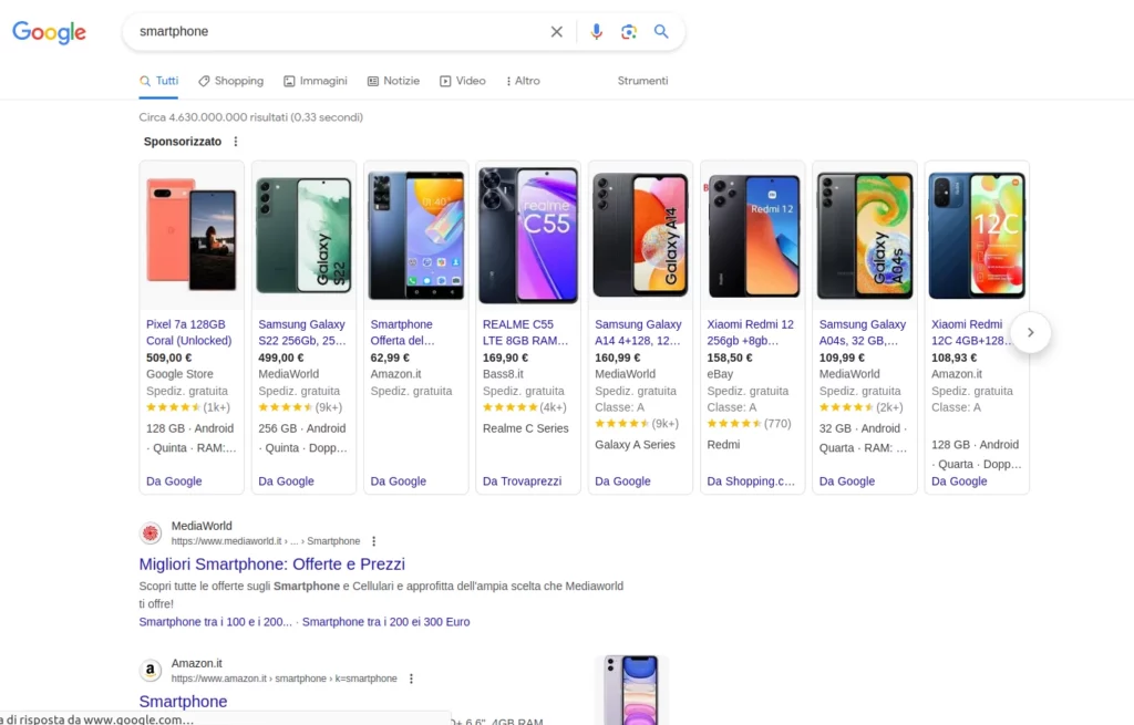 Un esempio di snippet Google che rivela una search intent commerciale 
