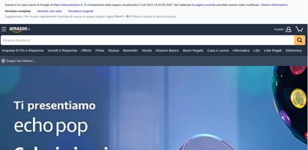 Cache della home page di Amazon