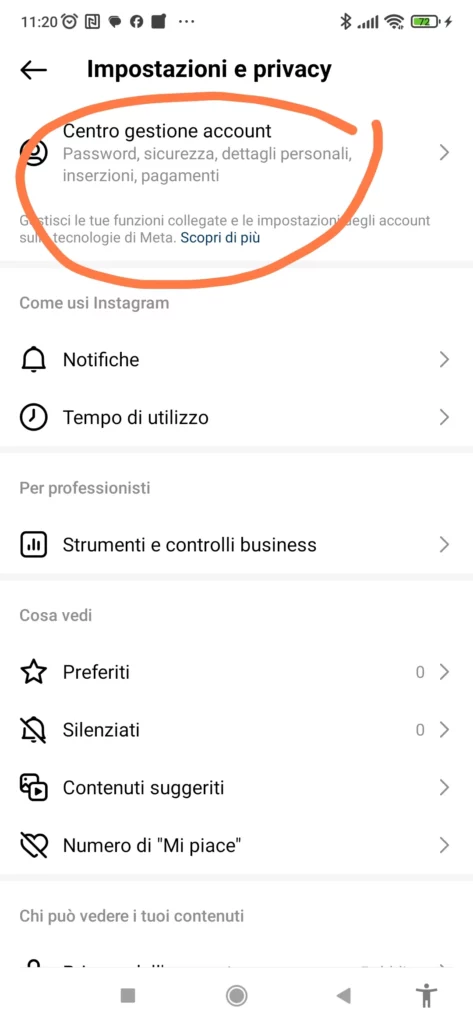 Cerca e seleziona l'opzione "Centro Gestione Account"