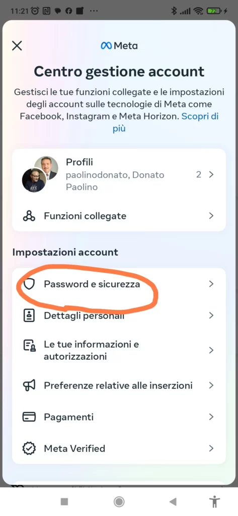 Clicca su Password e Sicurezza