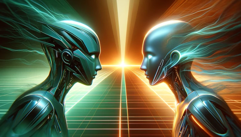 image depicting the battle between artificial intelligences, set in a virtual space