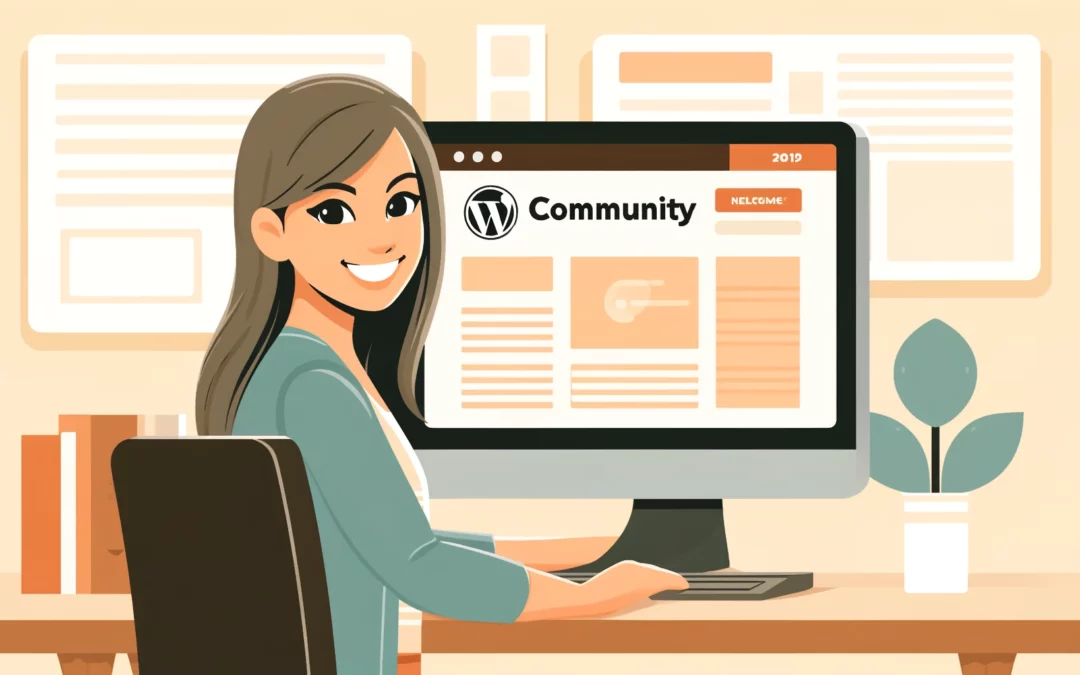 una donna felice di partecipare a una community WordPress su un monitor di computer, con colori arancione e verde acqua