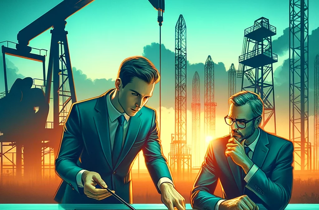 Here's the image yfeaturing an SEO consultant presenting a report to a client with an oil extraction company in the background. The scene is set in a professional meeting atmosphere, enriched by the strategic use of orange and teal colors to create a sense of partnership and industry expertise.