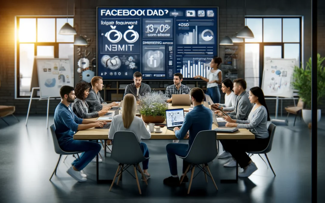 L'immagine rappresenta un ambiente di marketing digitale moderno e professionale, con un team che discute strategie per Facebook Ads