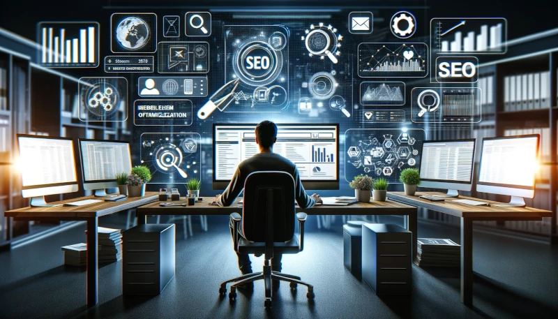 esperto di marketing digitale mentre analizza le strategie SEO su uno schermo di computer, circondato da icone relative a elementi di ottimizzazione per i motori di ricerca