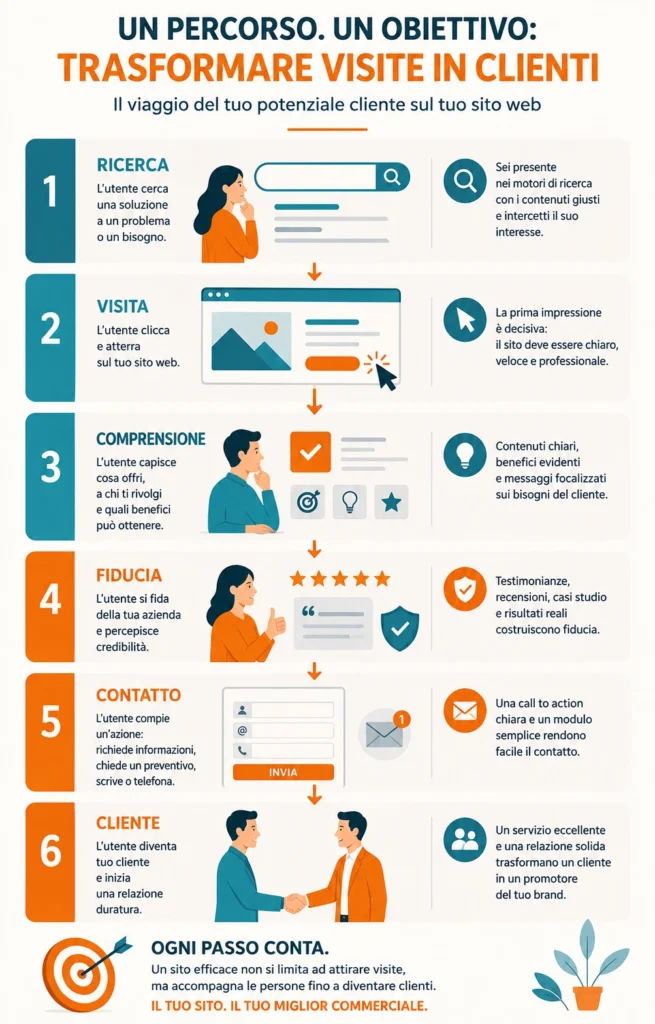 Infografica del percorso da ricerca a cliente attraverso visita, comprensione, fiducia e contatto