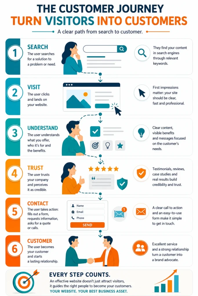 Infographic showing the journey from search to customer through visit, understanding, trust and contact